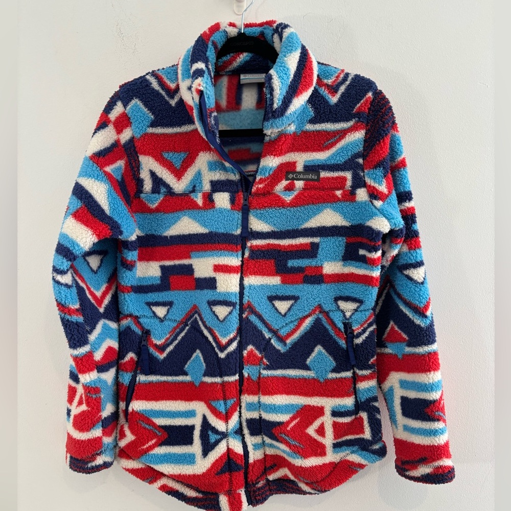 Columbia Women Small West Bend Full-Zip Sherpa Fleece Jacket Red Blue Olympics